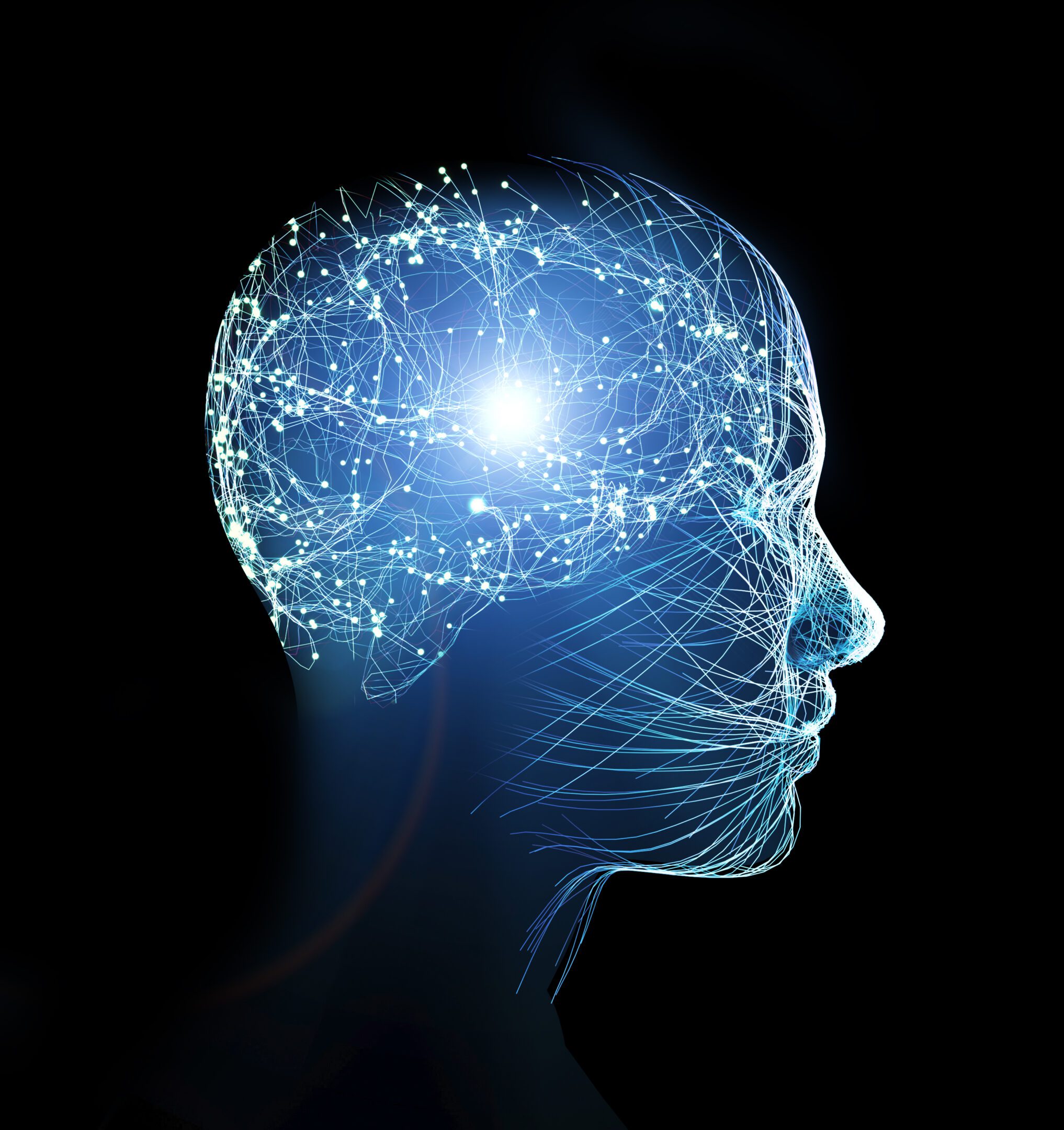 Stimuli and emotions, feelings that pervade the body. Impulses, neurons and synapses. Face profile view. Artificial intelligence. Alignment of the chakras. 3d rendering